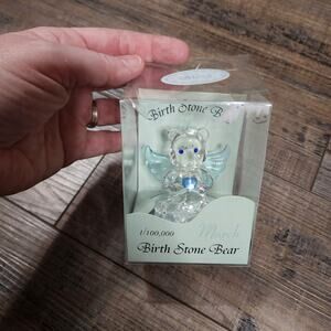 Collectible Glass March Birth Stone Bear With Angel Wings On Mirror Base